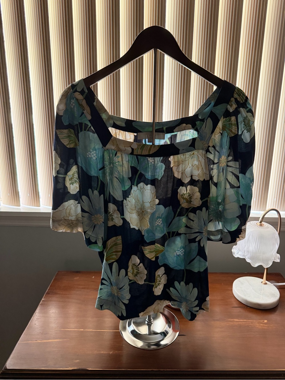 LOFT Floral Off-Shoulder Blouse in Teal, Navy and Cream